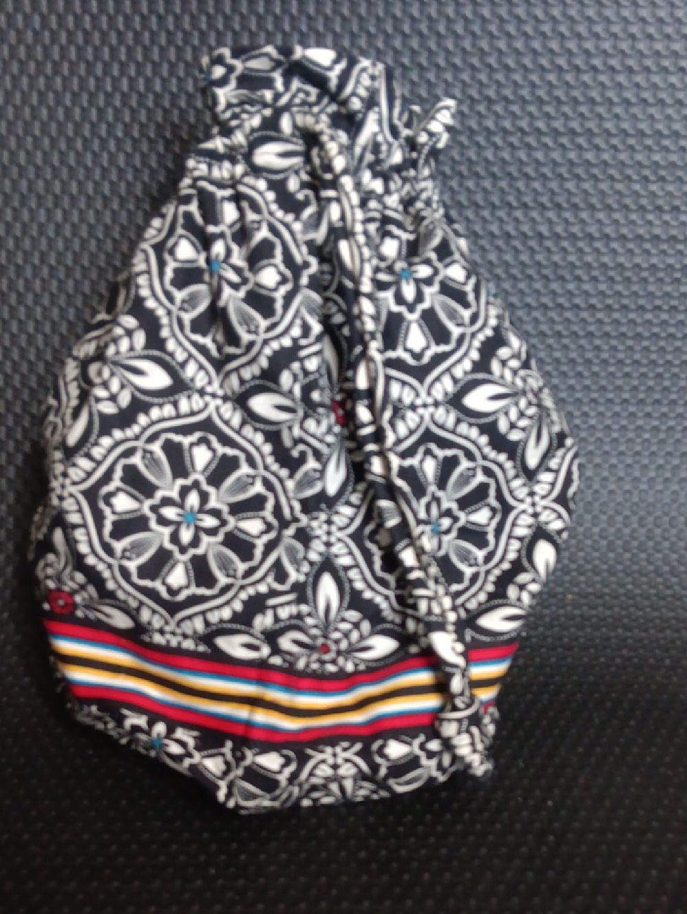 Black and White Patterned Drawstring Women's Bag with Multicolor Stripe